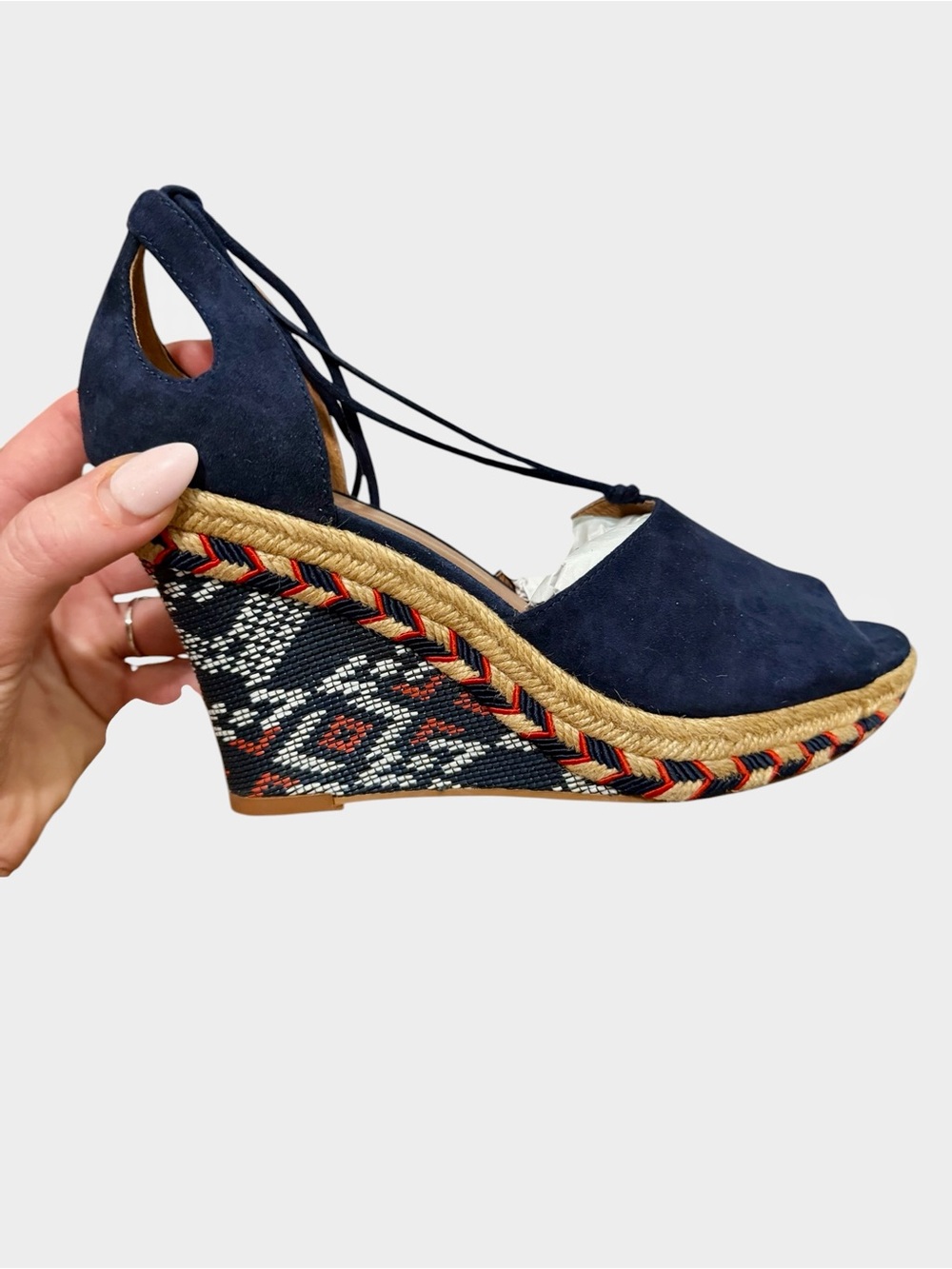 Cabi Isla Navy Suede Espadrille Wedge Sandals - Geometric Boho Ankle Tie Size 7 - Picture 6 of 14